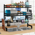 Dual Tier Modern Wall Mounted Stainless Steel Sink Dish Drying Rack 2 Cutlery Holders Adjustable Dish Drainer Space Bathroom