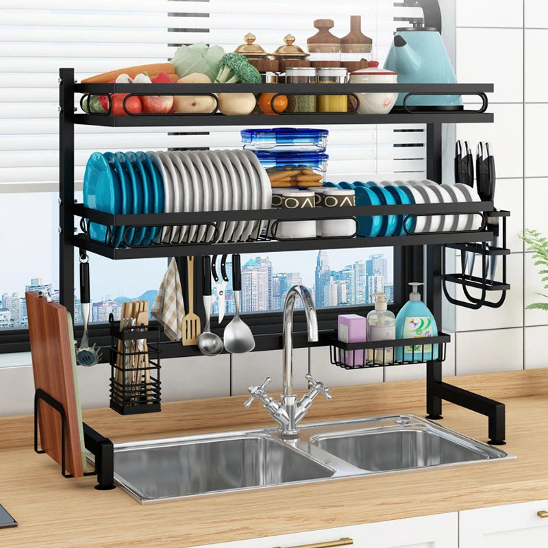 Dual Tier Modern Wall Mounted Stainless Steel Sink Dish Drying Rack 2 Cutlery Holders Adjustable Dish Drainer Space Bathroom