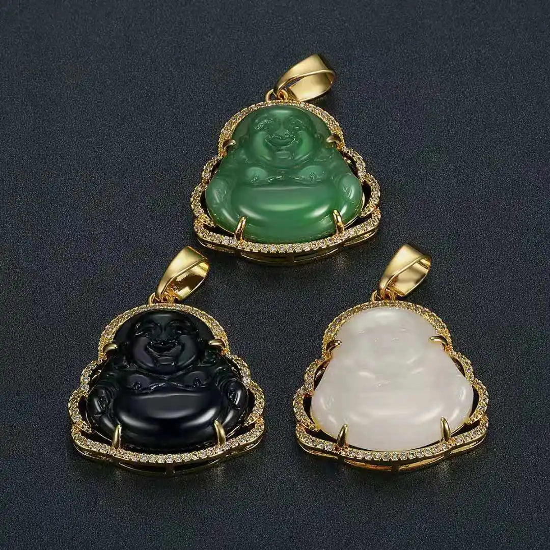 New Fashion Titanium Stainless Steel Gold Plated Diamond Jade Stone Buddha Pendant Necklace Jewelry