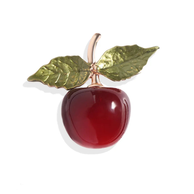 Girls Cherry Fruit Brooch Pin Fashion Green Leaf Cute Cherry Brooches Lapel Breastpin Dainty Creative Dress Accessories Jewelry
