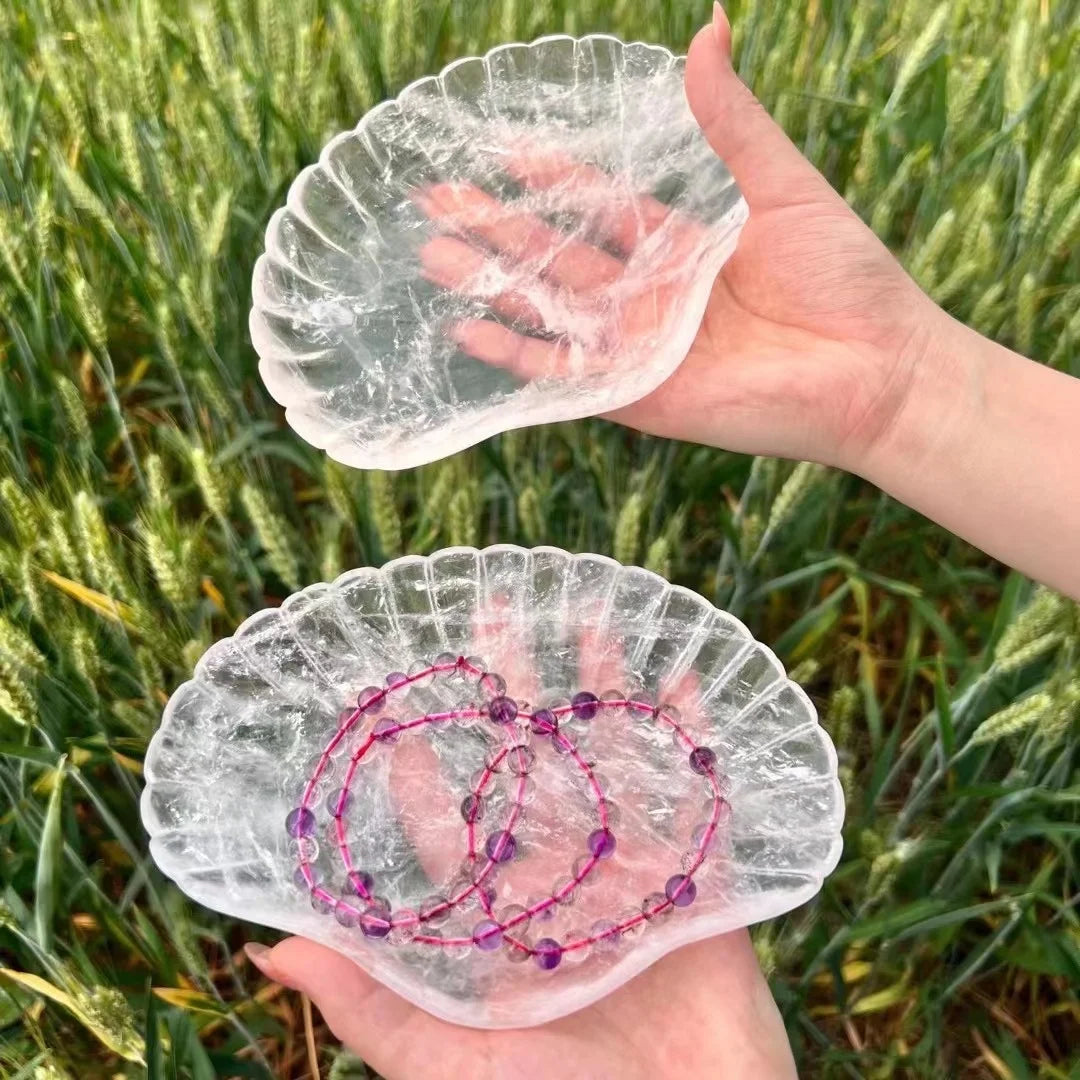 High Quality Natural 15-18cm Large Size clear Quartz Shell Bowl Plate Tray Crystal Healing Stone Bowl for Home Decoration