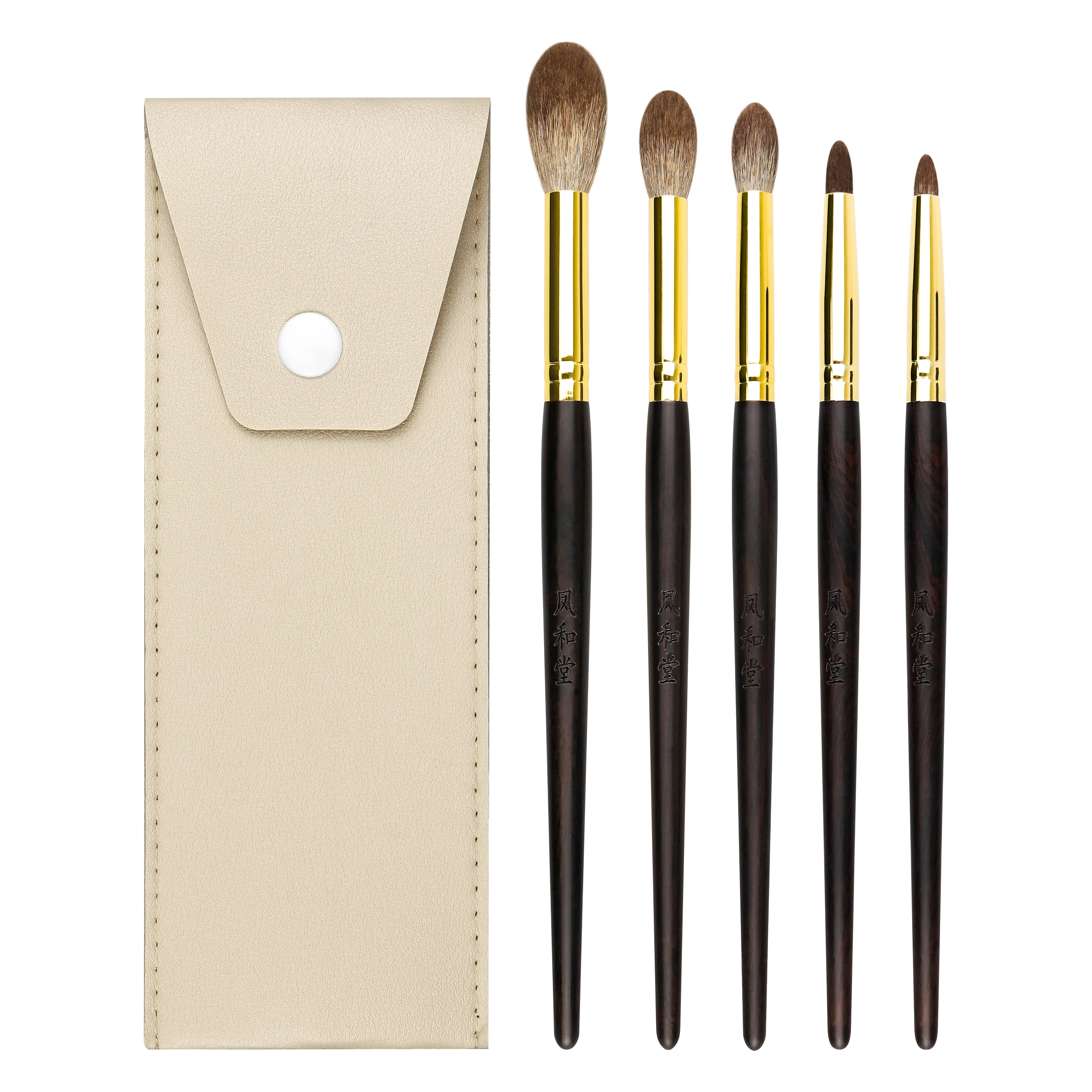 Hot Sale Ebony Handle Makeup Brush Goat Hair Professional Pair Woman Travel Portable Eyeliner Brush  Blend Brush Storage Bag