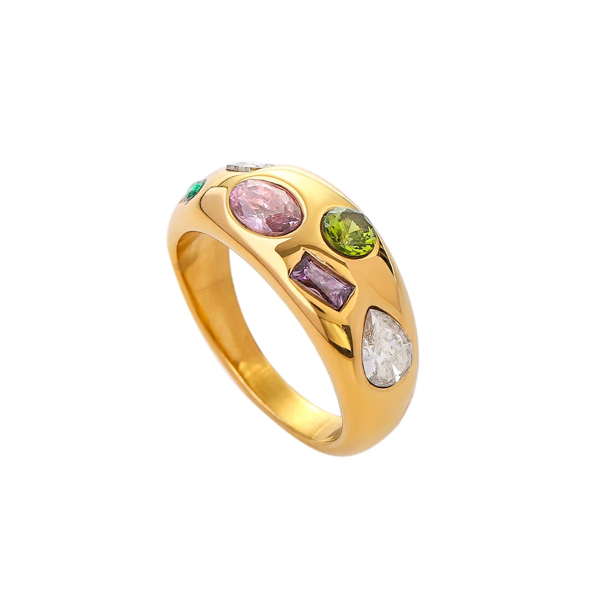 J&D New Trendy 18k Gold Plated Stainless Steel Jewelry Wide Chunky Colorful Cubic Zircon Stone Ring