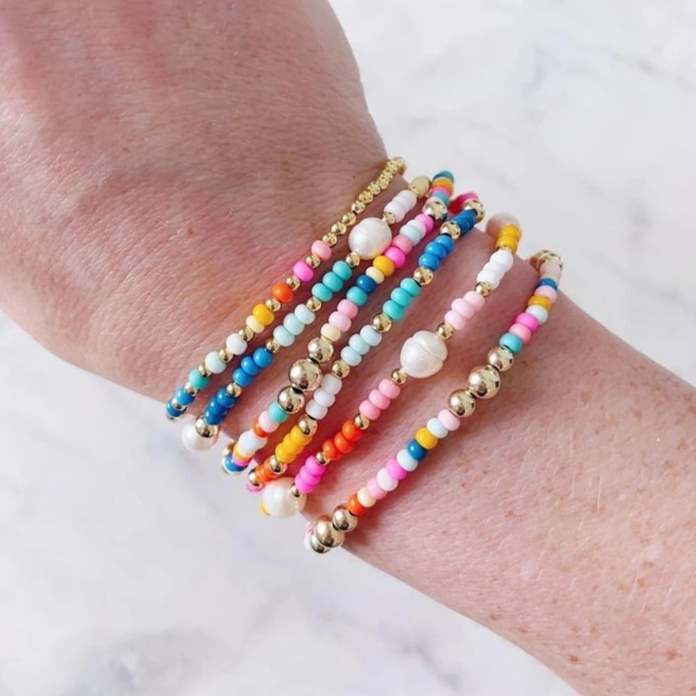 Go2boho 6pcs Handmade Bracelet Set Fashion Colorful Glass Seed Beads Faux Pearl  Stretch Layered Bracelets for Women Jewelry Set