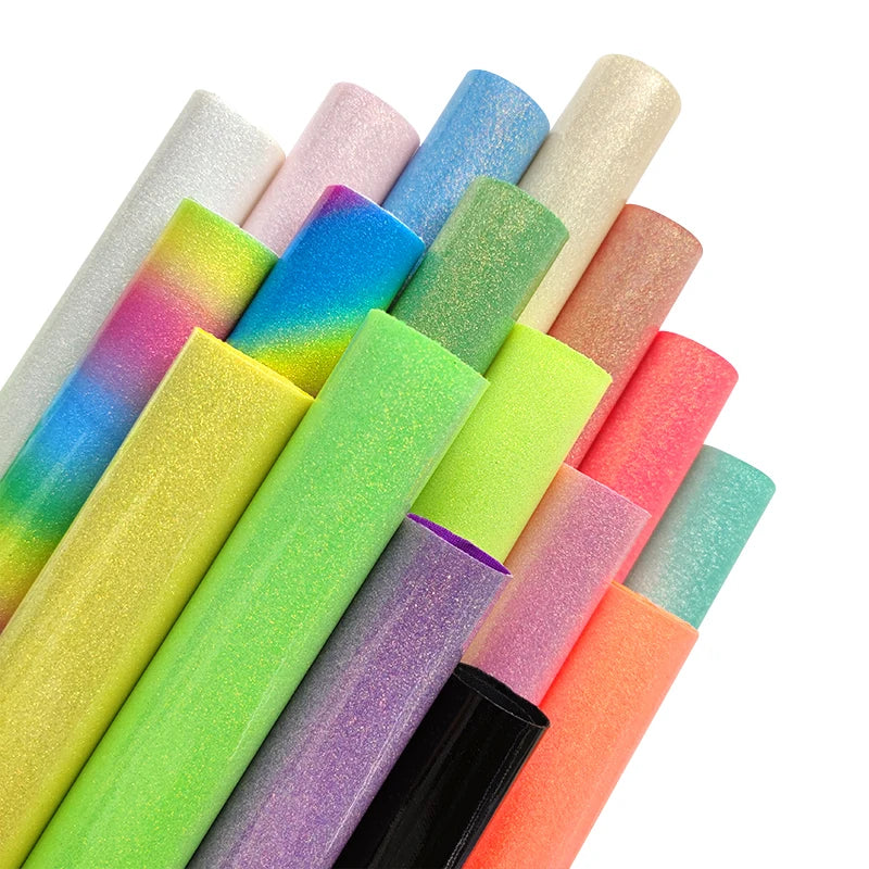 Wholesale Fluorescent Rainbow Shiny Crystal Glitter TPU Faux Vinyl Leather Fabric for Making Craft Hair Bow Clothes