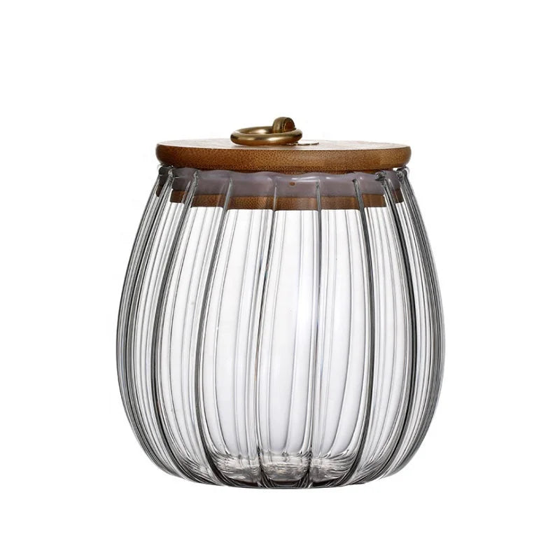 Borosilicate Glass Storage Jar With Bamboo Lid Pumpkin  Shaped Glass Storage Jar for Glass Spice Candy Jar With Wooden Lid