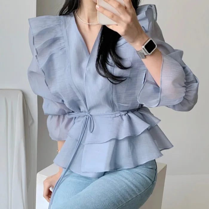 Wholesale Spring and Summer New 2025 V-neck Tie Ruffled Flared Sleeve Top Solid Color Fashion Sweet Sunscreen Women's Blouses