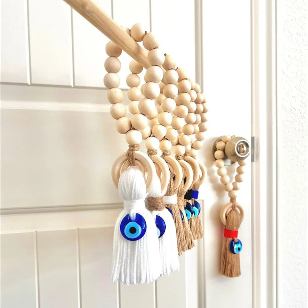Wooden Bead Door Handle Pendant Wool Tassel Car Rearview Mirror Pendant Blue Eyes Wall and Keychain Decorations