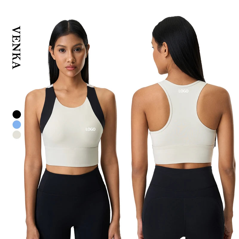 Custom LOGO Women's High Strength Shockproof Sports Bra Crop Tops Double Color Widened Hemline Breathable Women Fitness Yoga Bra