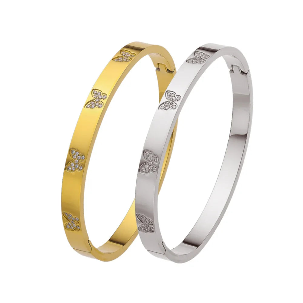 Fashion Stainless Steel CNC Zircon Inlay Cuff Bracelet Elegant Gold Plating Butterfly Bangle For Women Exquisite Jewelry