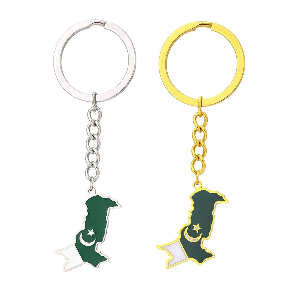 Manufacturer Enameled Pakistan Country Flag Keychain Stainless Steel 18K Gold Plated Enamel Pakistani Map Pendant Key Chain