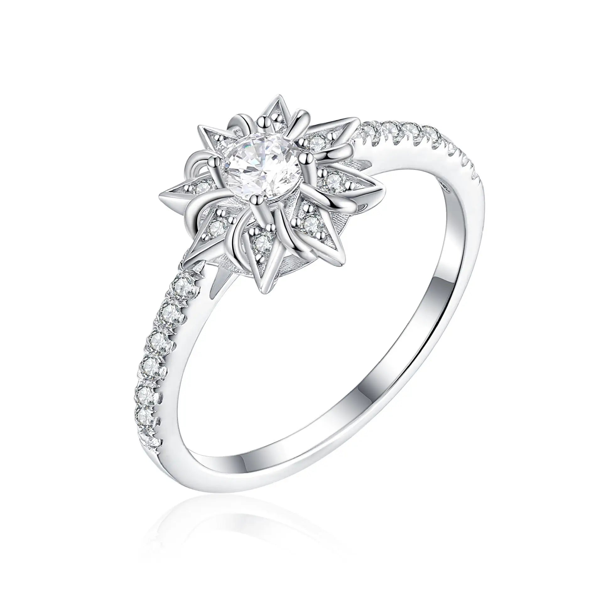 Women Fashion 925 Sterling Silver Sunflower Design CZ Stone Brilliant Cut   Engagement Wedding Ring