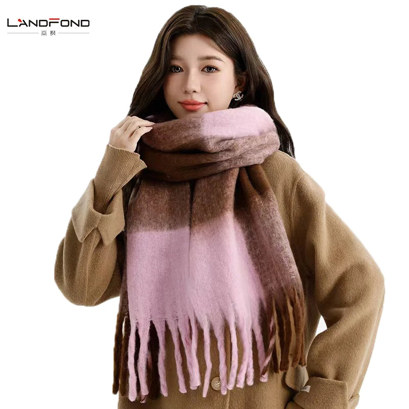 Landfond Hot Sale Winter Warm Plaid Scarf Shawl Knitted Pattern Gradients Woven Scarf for Women