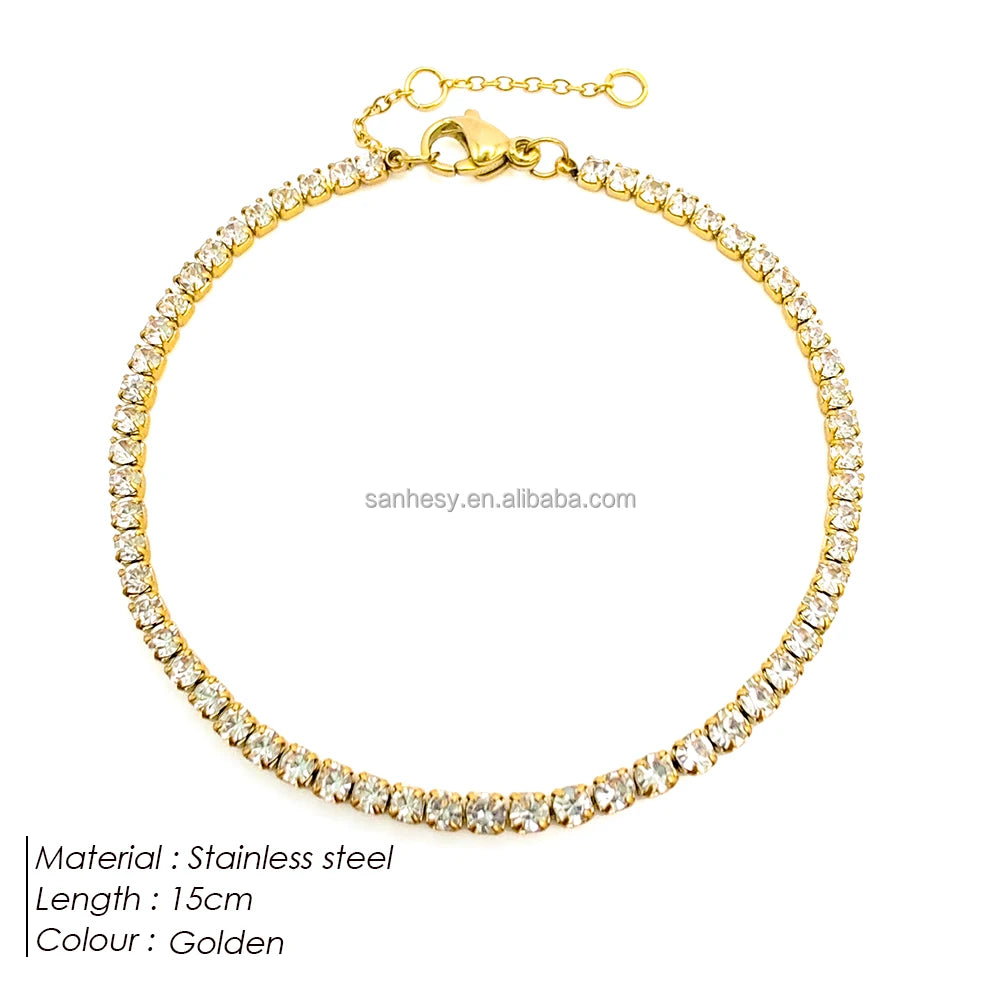 Stainless Steel 14K Gold PVD Plated 15cm Length Tennis Chain Bracelet Titanium Steel Full Zircon Paving for Gift Drop Shipping