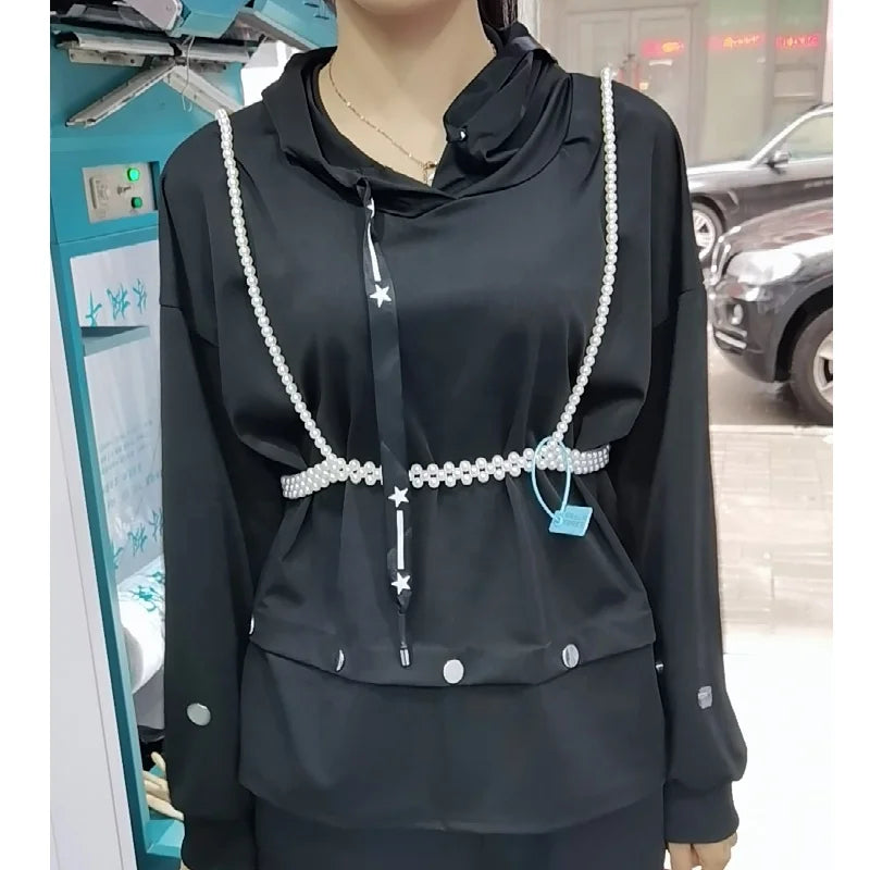 Ladies Fashion Beaded Belts Pearl Decorative Accessories Double Shoulder Straps & Elastic Waist Chain with Thin Elastic Belt