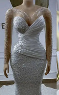 S8216F 2026 New Elegant African Heavy Pearls Beaded Mermaid Illusion Neck Long Sleeves Satin Ruched Bridal Gowns Wedding Dress