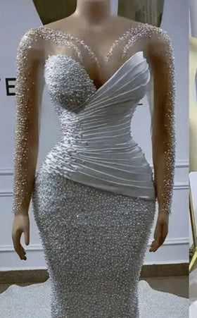 S8216F 2026 New Elegant African Heavy Pearls Beaded Mermaid Illusion Neck Long Sleeves Satin Ruched Bridal Gowns Wedding Dress