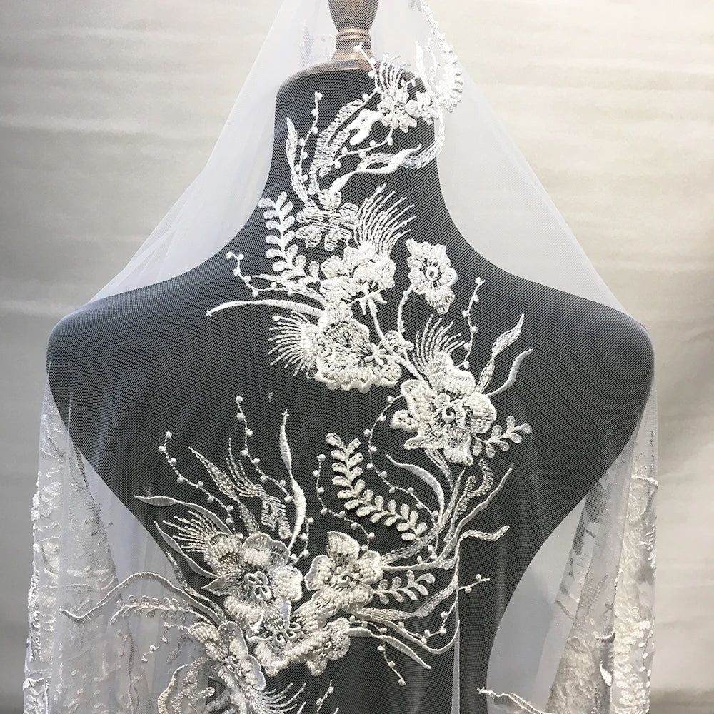Fashion Shining Beaded Lace Fabric 3D Floral Embroidered 100% Polyester Net Mesh Lace for Wed Party Dress