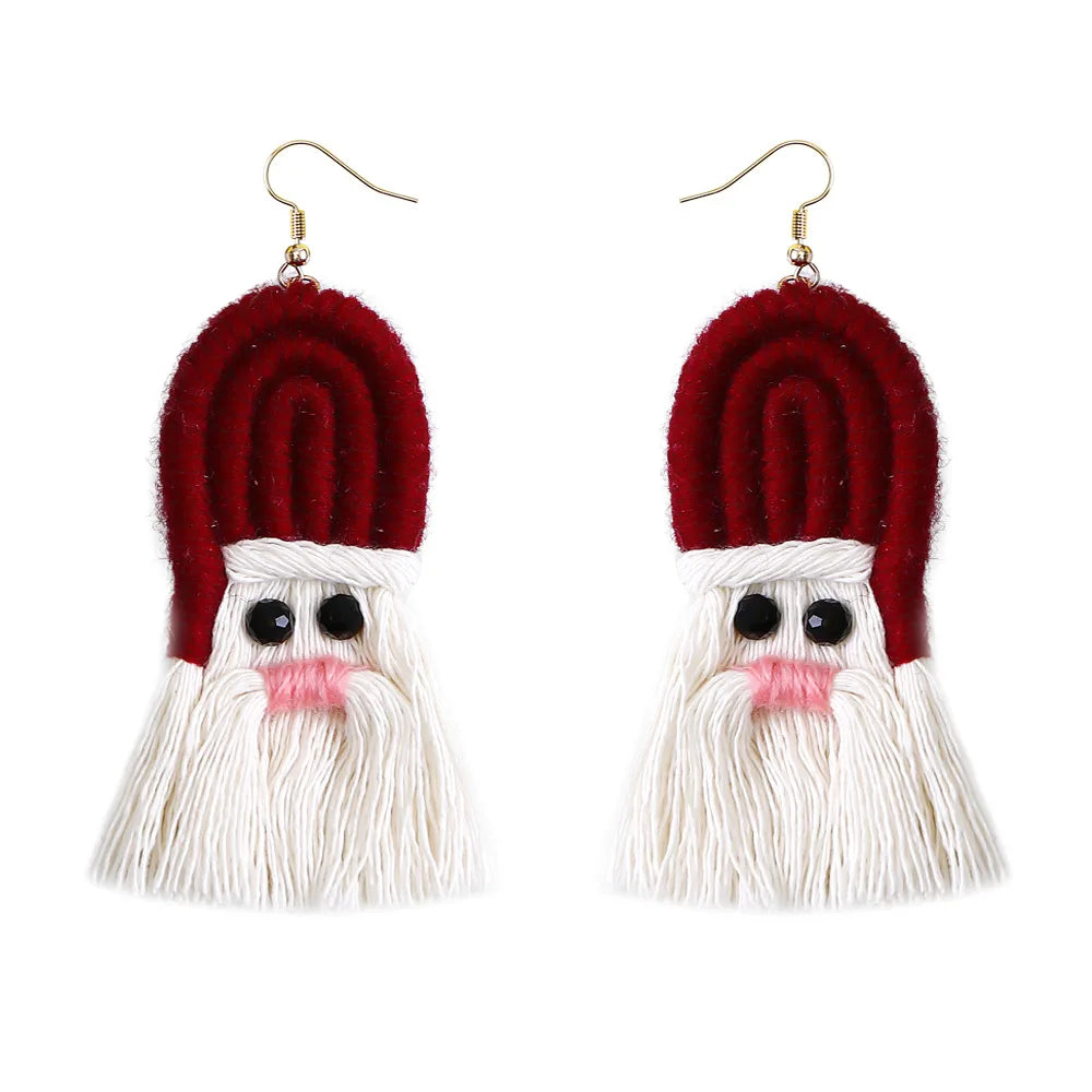 Ethnic Jewelry Handmade Long Tassel Dangle Earrings Seed Bead Santa Claus Cotton Rope Tassel Earrings for Christmas
