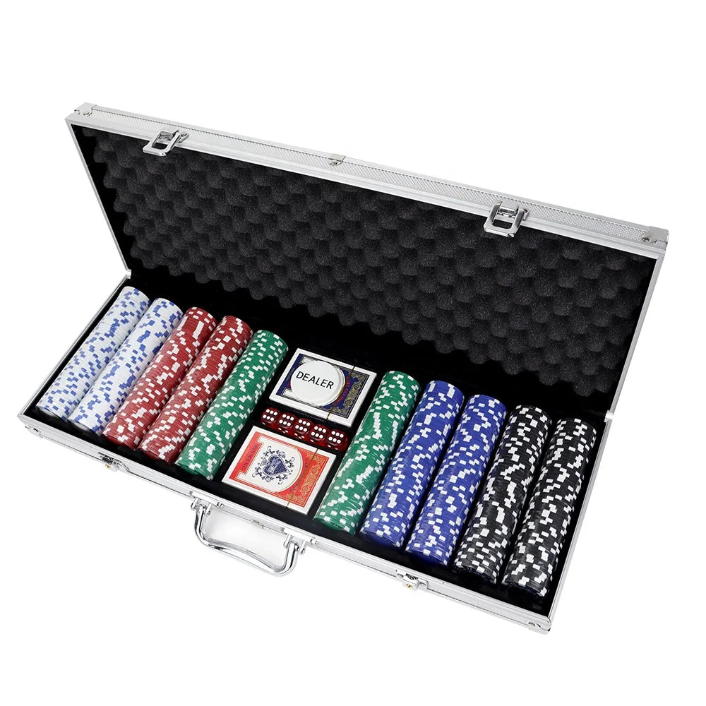 Wholesale 500 Color Dice Poker Chips with Include 2 Poker Cards and 1 Dealer in a Hard Durable Aluminum case for Gambling Game