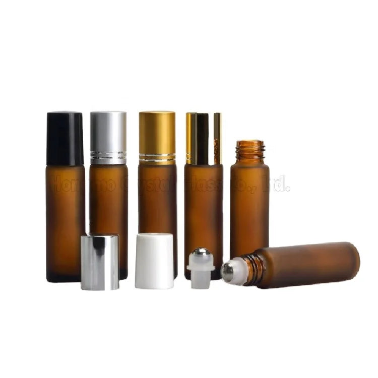 10ml 10 ml Matte Amber Frosted Glass Roll on Bottle with Metal Roller and Black Gold Silver Caps for Essential Oil Packaging