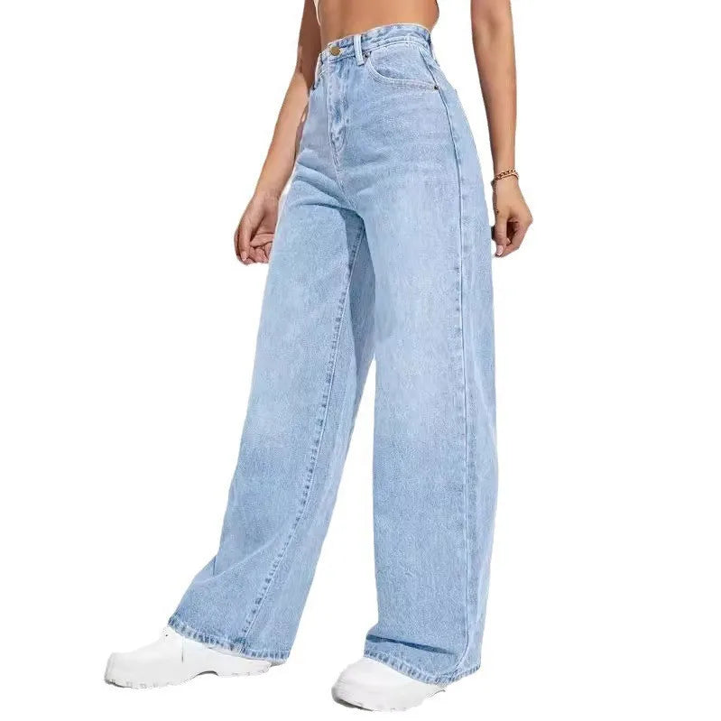 Customized High Waist Single Button Denim Pants Women New Design European American Casual Fashion Cotton Light Wash XL Branded