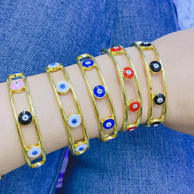 BC2055 18K Gold Plated Brass Bracelet CZ Micro Pave Enamel Multi Colored Evil Eyes Nazar Boncuk  Cuff Bangle Bracelet