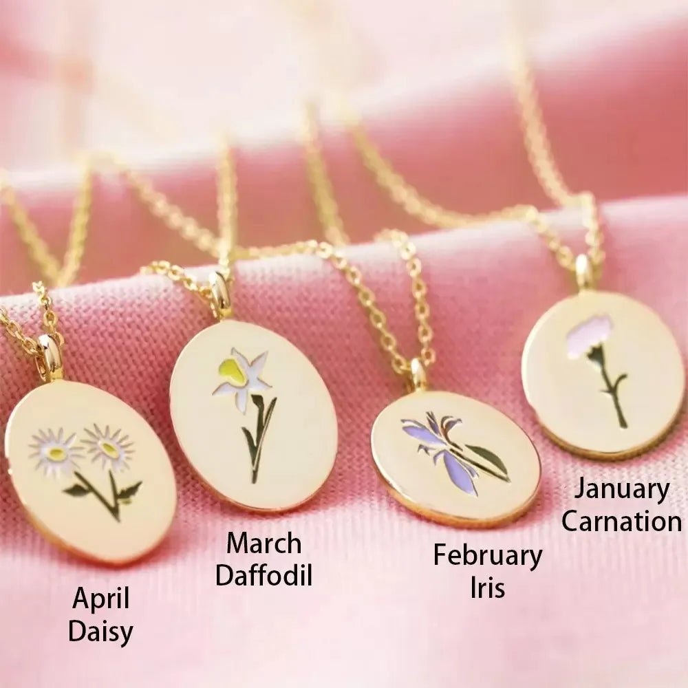 GT Hot Selling Birth Flower Necklace Trendy 18k Gold Plated Colorful Flower Birth Month  Stainless Steel Initial Necklace