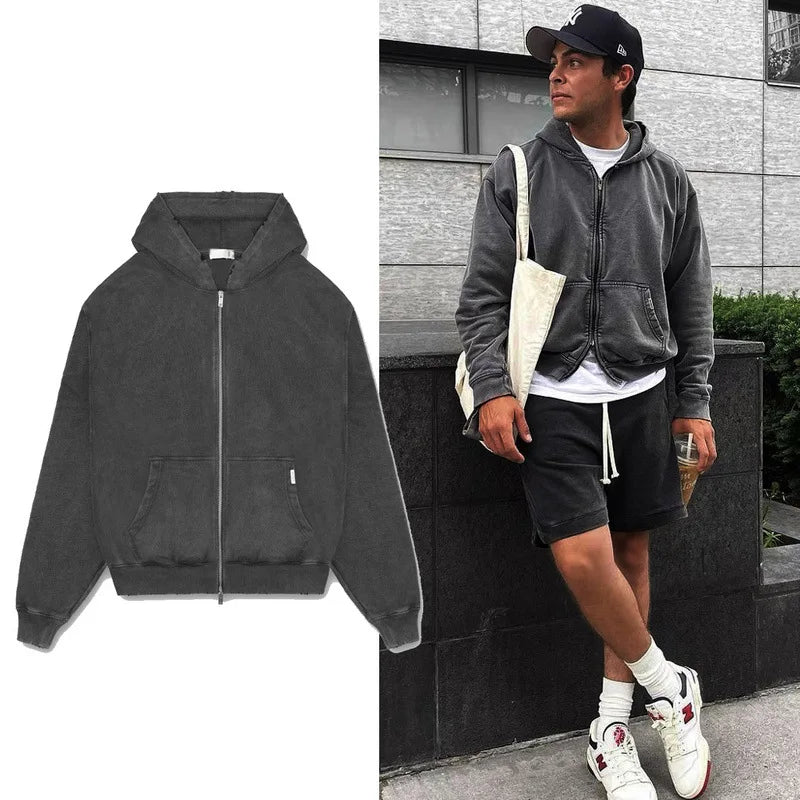 Hoodie Manufacturer Custom Design Logo Unisex Blank Full Face Zip Hoodies Wholesale Skull Acid Distress Vintage Zipped up Hoodie