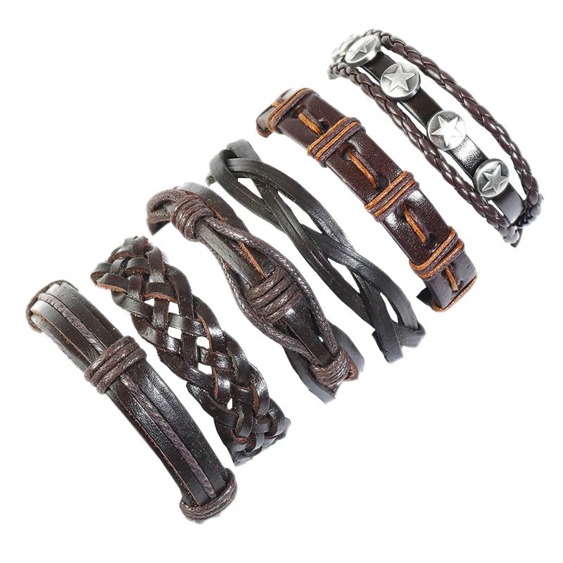 Simple Vintage Woven Cowhide Men's Leather Bracelet Set Alloy Components Adjustable Size Engraved Logo Geometric Pattern High