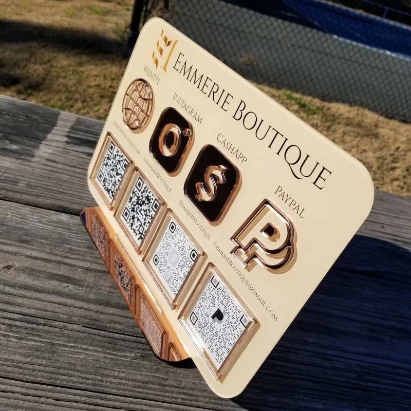 Custom Multi-Use QR Business Social Media Sign Personalized Acrylic Sign with Wood Base for Display in Stores Retail Shops