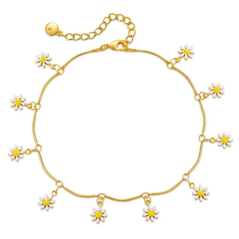 Fashion Trendy Korean Brass Alloy Daisy Flower Drop Beads Charm Dangles Anklet Tassels Foot Ankle Bracelet Jewelry