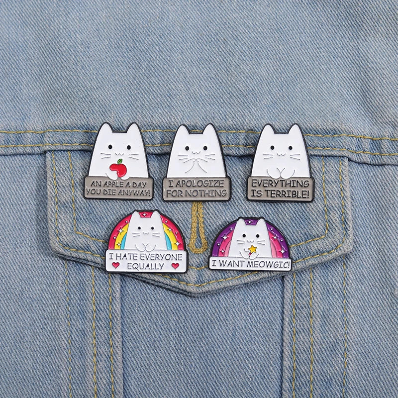 Cartoon White Nameplate Text Cat Enamel Brooch Rainbow Backpack Badge Clothing Accessories Gift Jewelry for Friends