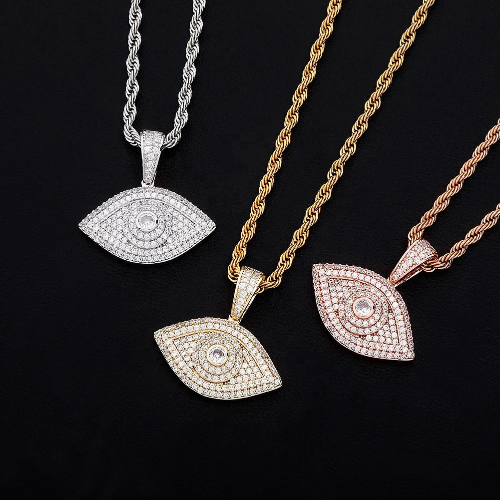 New EvilEye Pendant Necklaces Iced Micro Pave Cubic Zirconia Gold Plated Rope Hip Hop Rock Fashion CZ Jewelry Gift for Men Women