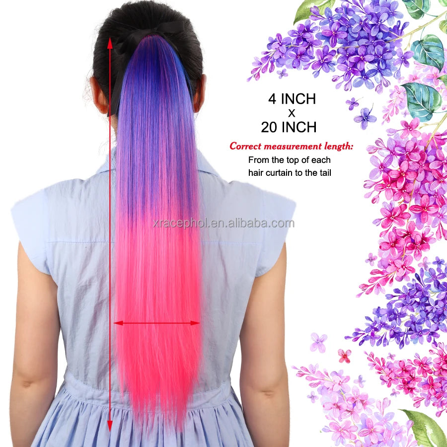 Colorful 20 Inch Long Straight Ponytail Holders Hair Fluffy Synthetic Clip in Ponytail Extension With Ribbon Band