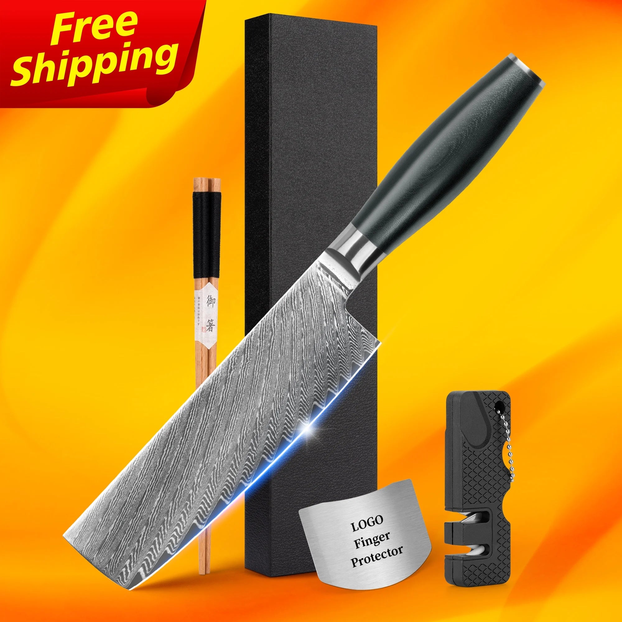 Free Shipping 7 Inch Damascus Steel Japanese Vg10 Nakiri Original with Black G10 Handle Hammered Pattern Free logo