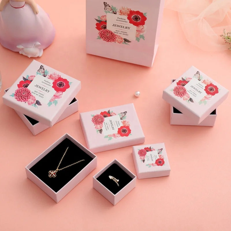 Pink Floral Printed Necklace Earring Boxes Fashion Jewelry Paper Gift Box with Velvet Sponge Featuring Matt Lamination Embossing