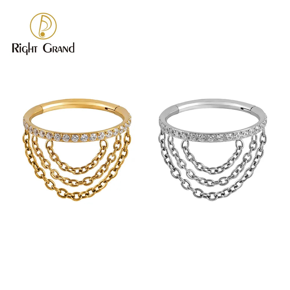 ASTM F136 Titanium Earrings for Women Triple Stacked CZ Chain Shape With Chain Cartilage Earring Piercing Jewelry