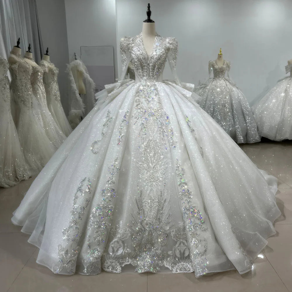For Jancember XS110 Modern Wedding Ball Gown for Women Empire V-Neck Rhinestone Puffy Long Skirt Chapel Train Decorated Lace Cry