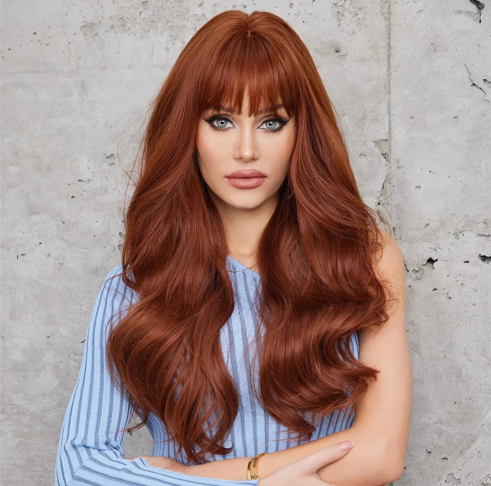 Factory Wholesale Brown Wavy Natural Synthetic Wigs for Women Long Curly Wig With Bangs Heat Resistant Fiber Hair for Daily