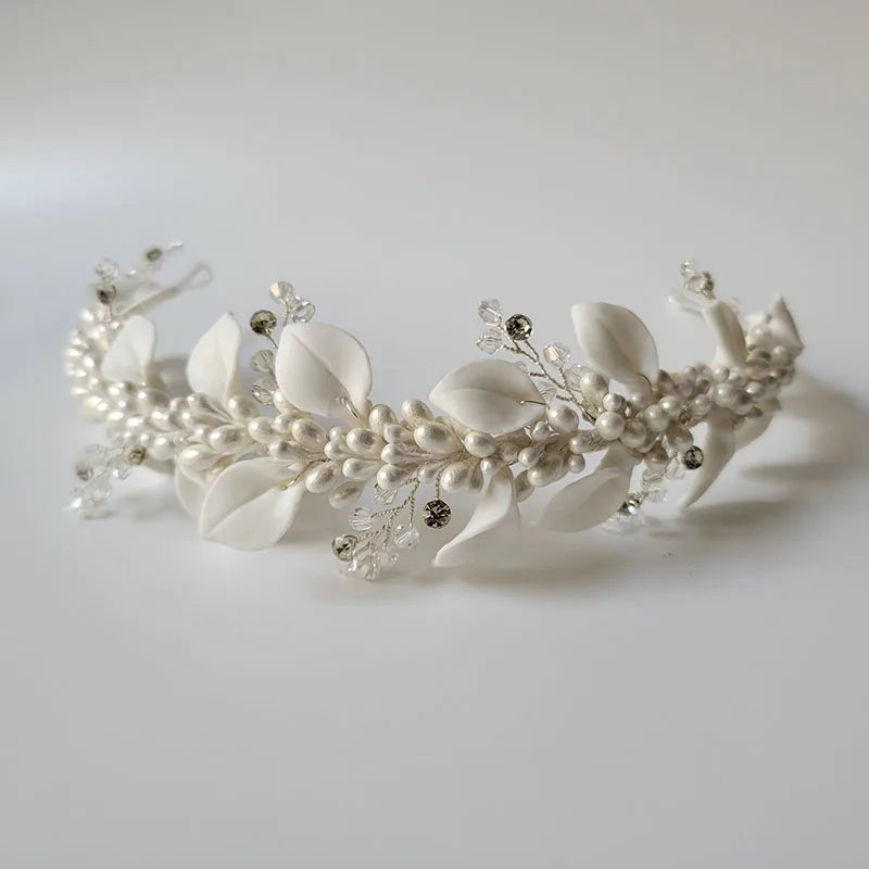 SLBRIDAL Handmade Ins Style Luxury Rhinestone Crystal Porcelain Flower Bridal Tiara Wedding Bridesmaids Crown Women Hair Jewelry