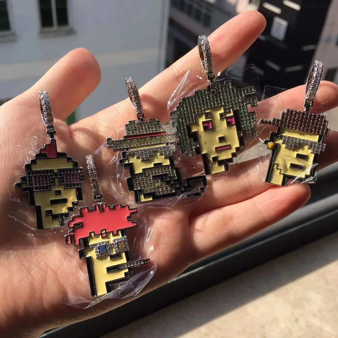 Hip Hop Y2K Jewelry Custom Digital Art Men's Women Metaverse Pendant NFT Iced Out Crypto Punks Pendant Necklace With Rope Chain