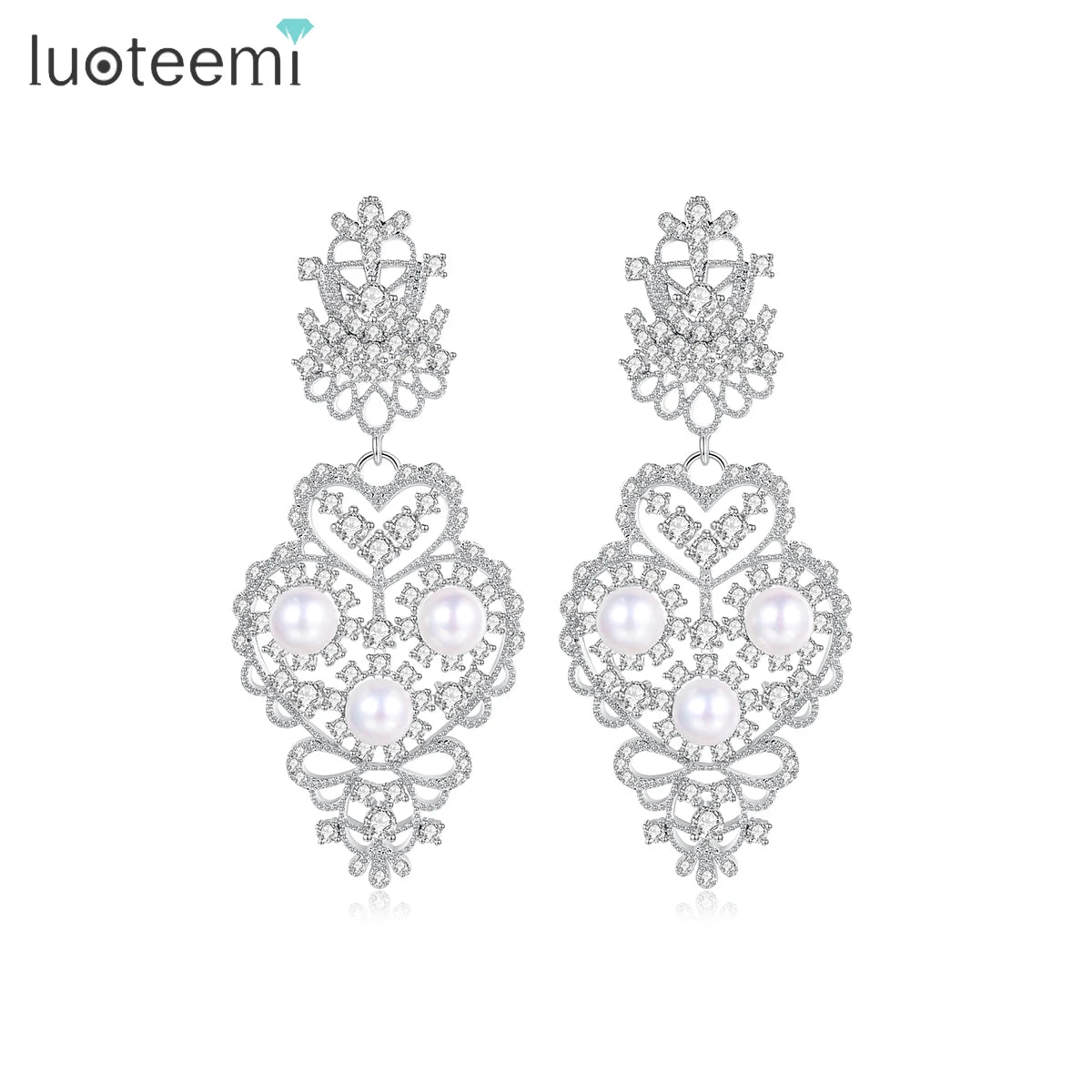 LUOTEEMI Wholesale Jewelry Luxurious Vintage CZ Crystal Hearts Statement Imitation White Pearl Drop Dangle Earrings