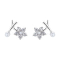 Hand Made Silver 925 Sterling Flower Pearl Stud Earrings for Women Gift