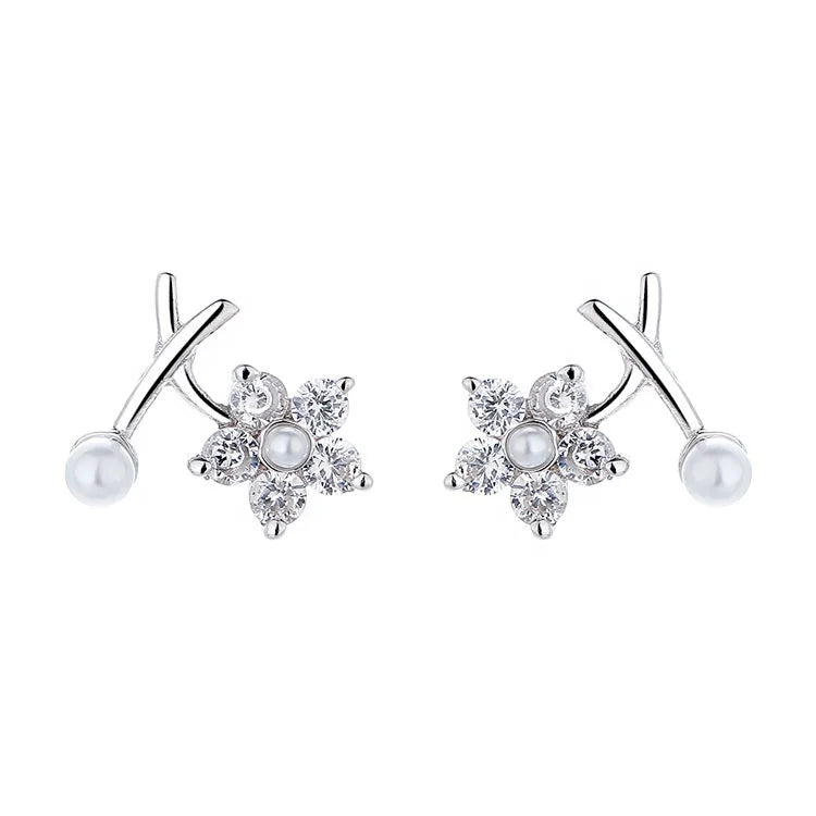 Hand Made Silver 925 Sterling Flower Pearl Stud Earrings for Women Gift