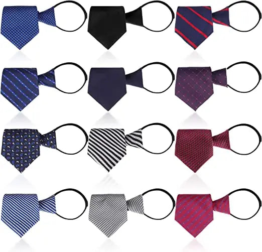 Classic Solid Color Striped Dot Polyester Pre Tied Men's Necktie Adjustable Zip up Neck Tie Clip for Men  Boy Zipper Ties