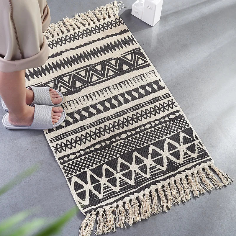 Black White Bath Mat Woven Cotton Material With Tassel of Boho Bathroom Floor Rug