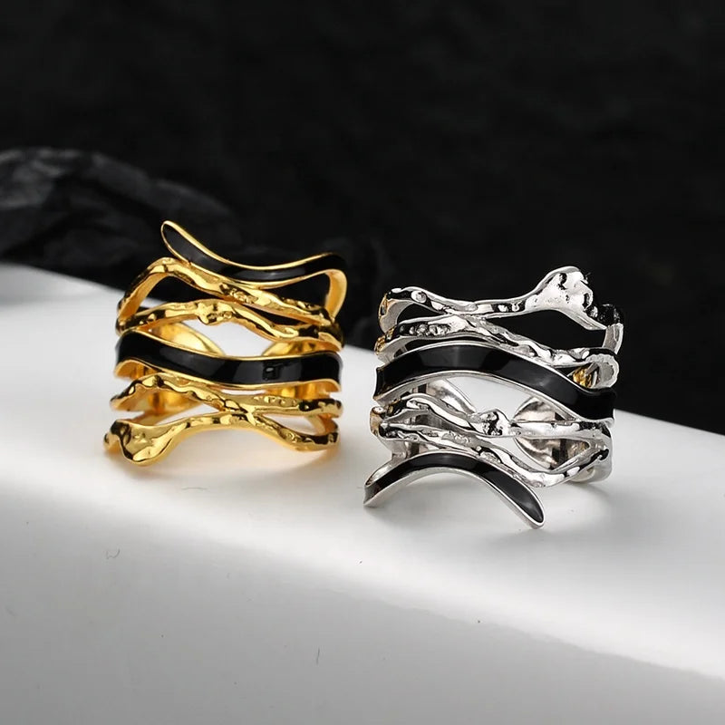 ICEBELA Aunusal Design Exaggerate Luxury S925 Sterling Silver Black Enamel Multi Layered Metal Women Fashion Ring
