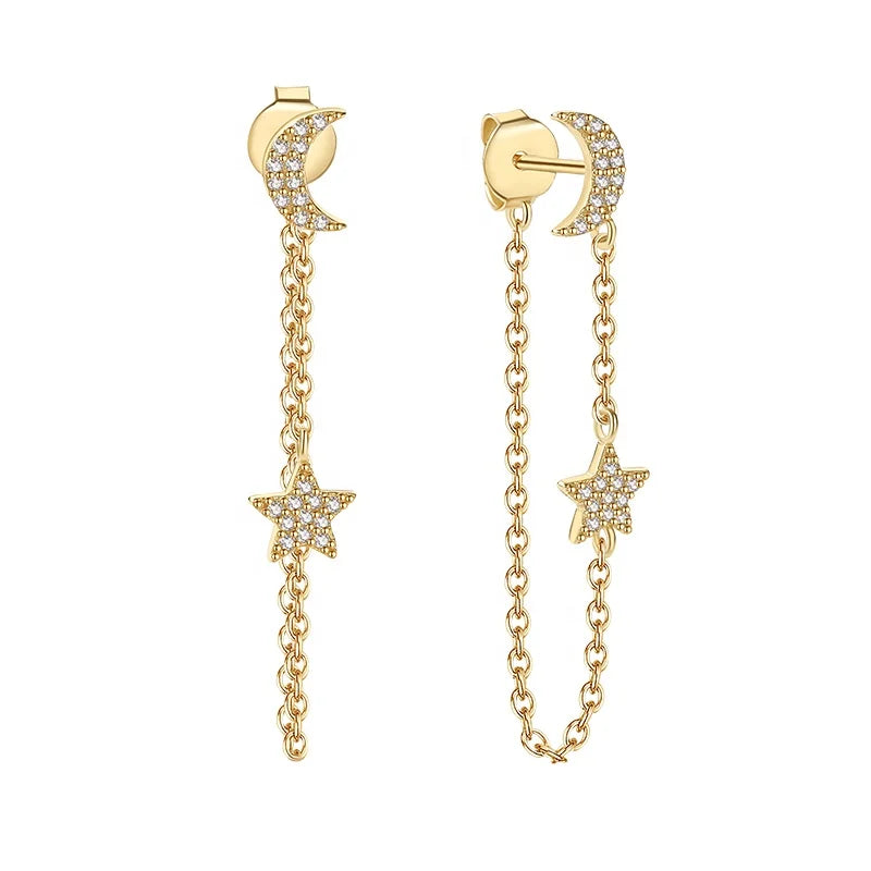 Nagosa Wholesale 925 Sterling Silver Crescent Custom Gold Vermeil Pave Cz Star Chain Girls Stud Earrings