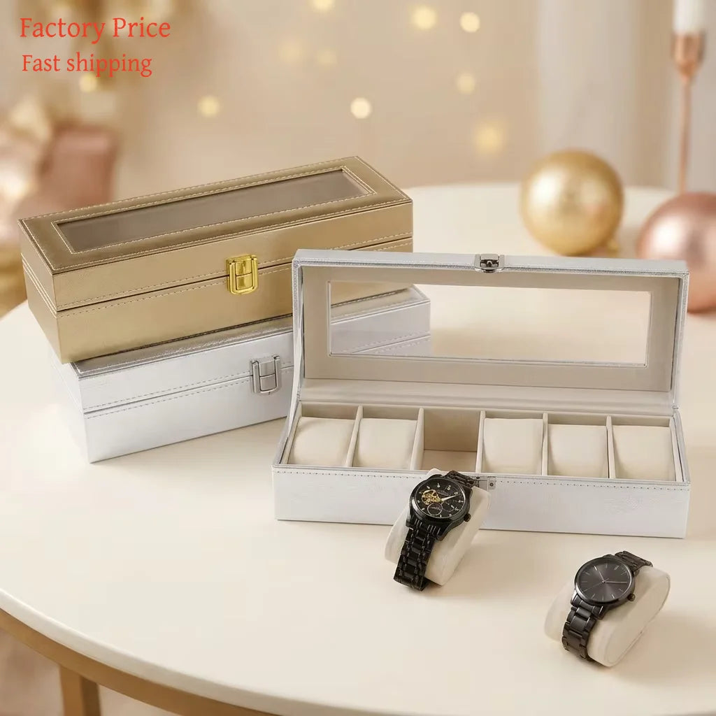 Luxury 6 Slot Metallic Textured Paper Watch Box Gold Silver Rose Gold Display Case With Glass Window Jewelry Gift Organizer